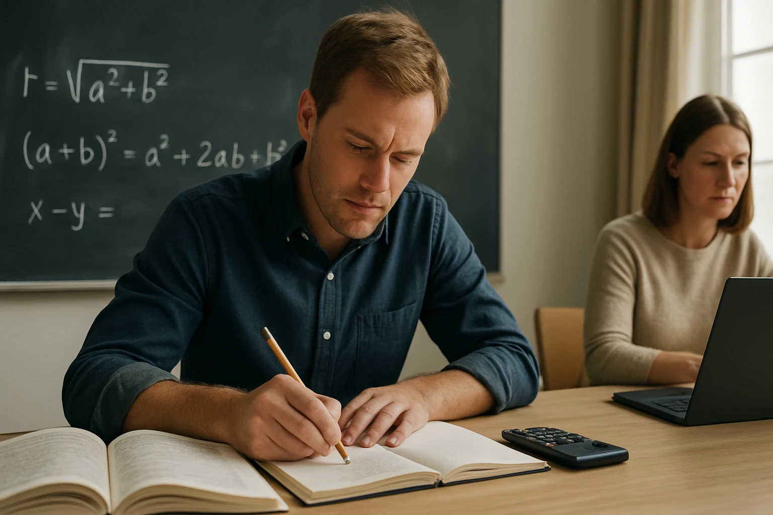 Egy férfi matematikai feladatokat old meg egy könyvben, háttérben táblával.