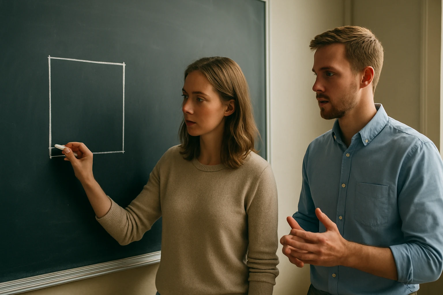 Két fiatal felnőtt egy táblán négyzetet rajzol, matematikai fogalmakat tanulva.