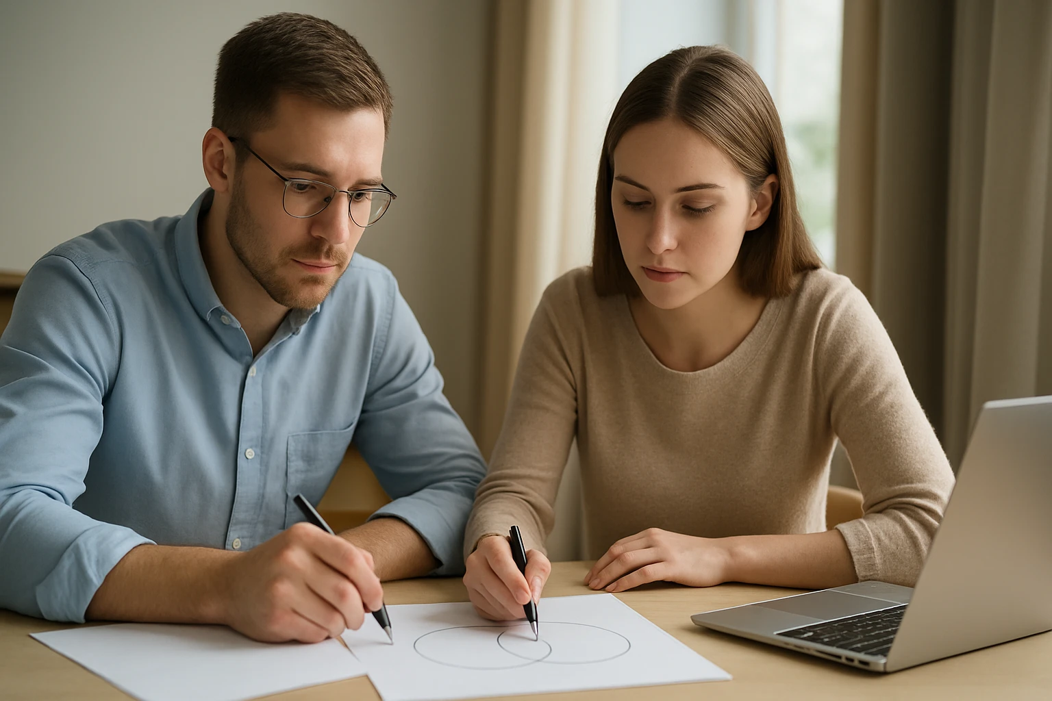 Két fiatal, egy férfi és egy nő, matematikai diagramokat rajzolnak papírra.