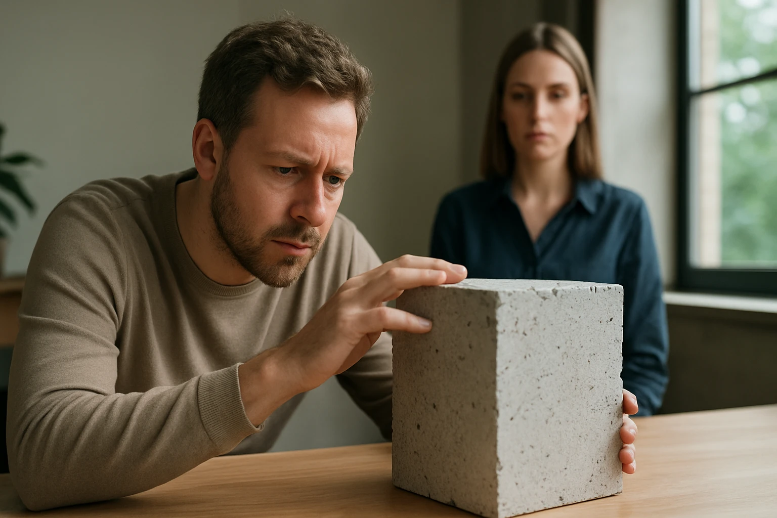 Egy férfi figyelmesen nézi a szürke kockát, míg egy nő háttérben áll.