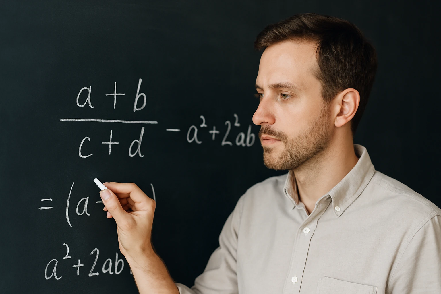 Egy férfi a táblán matematikai kifejezéseket ír, koncentrált arckifejezéssel.