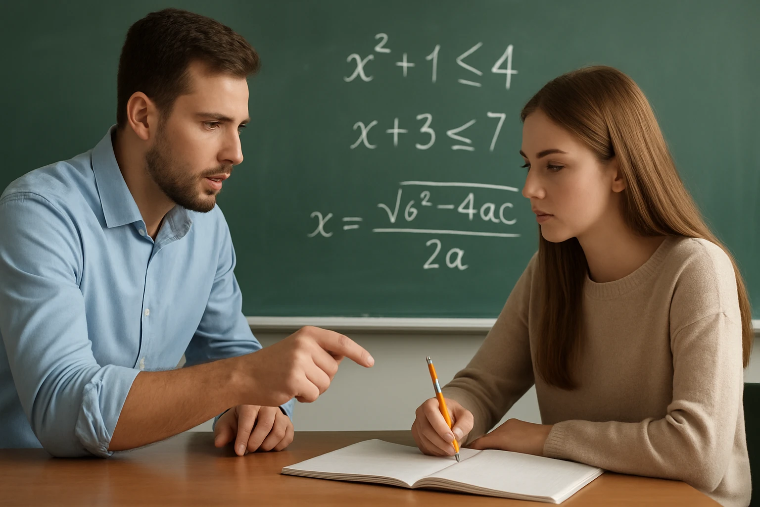 Egy tanár magyaráz matematikai feladatokat egy diáknak az iskolában.