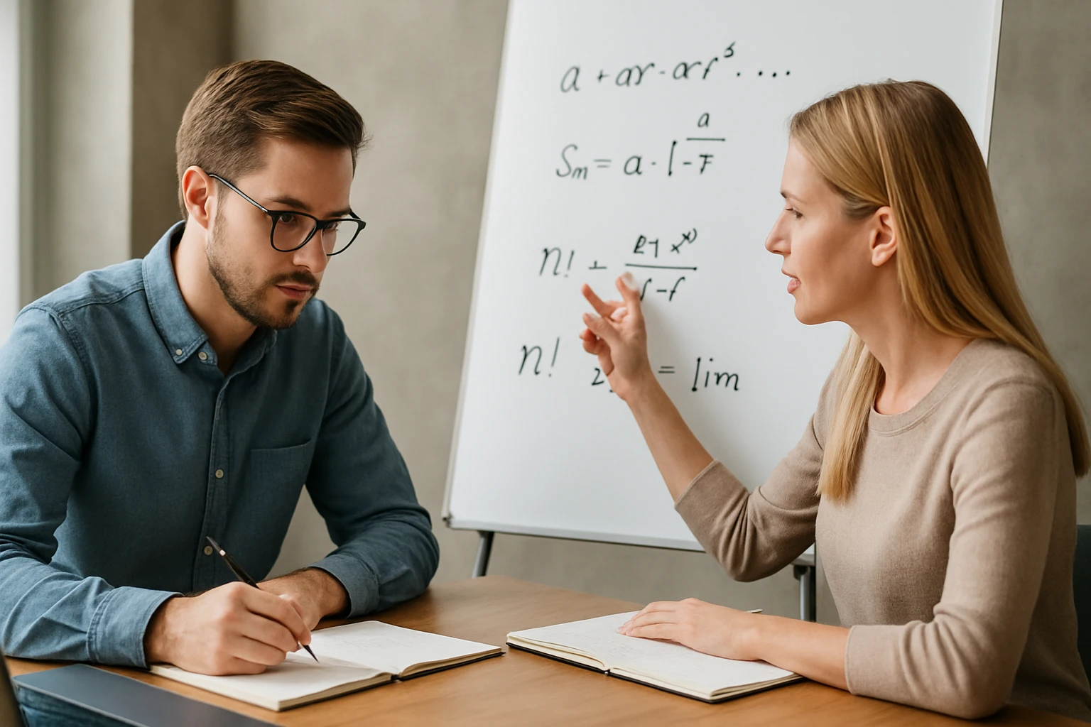 Két ember matematikai problémákat beszél meg egy táblánál, jegyzetelnek.