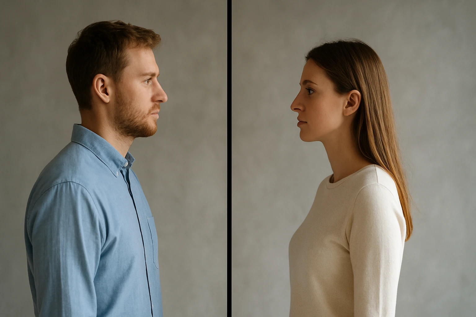 Egy férfi és egy nő profilból néznek egymásra, szürke háttér előtt.