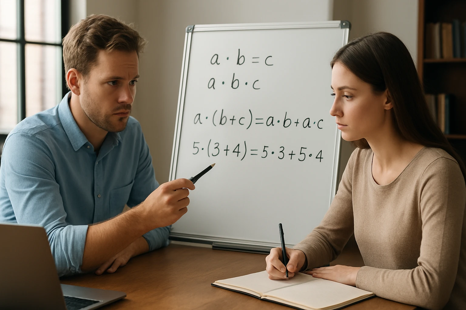 Egy férfi és egy nő matematikai példákat tanulmányoznak egy táblán.