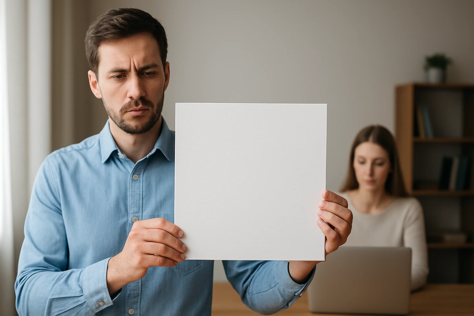 Egy férfi egy üres papírlapot tart a kezében, komoly arccal.