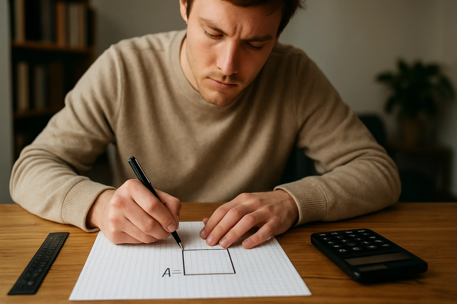 Egy férfi négyzetet rajzol egy négyzetrácsos papírra, miközben számológép van mellette.