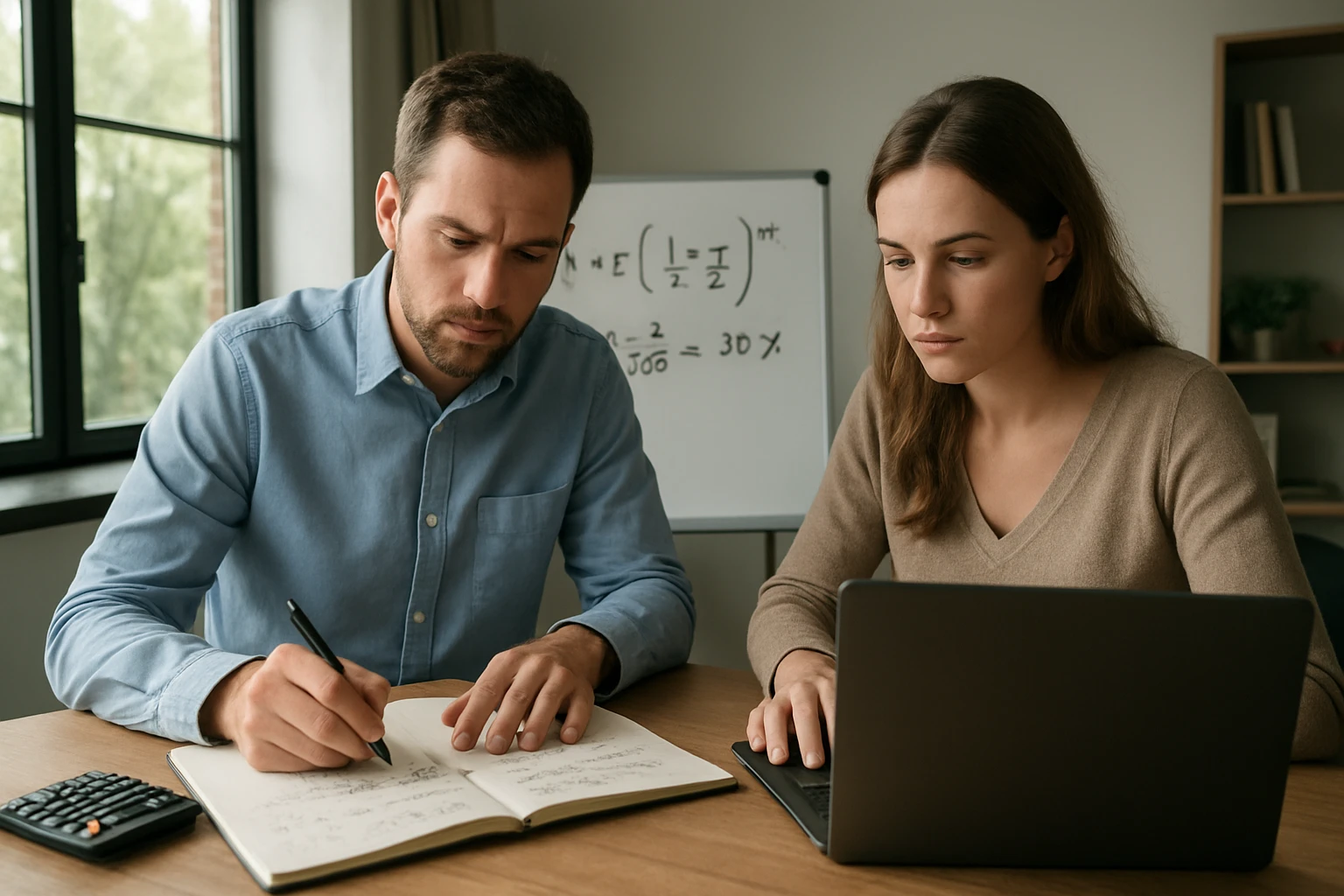 Két fiatal felnőtt matematikai feladatokat old meg egy asztalnál.
