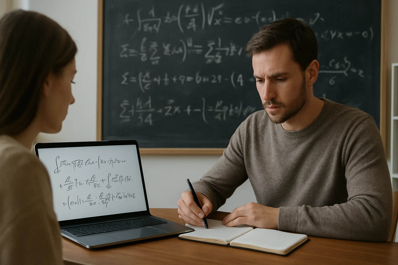 Két fiatal, matematikai egyenleteket tanulmányozó személy ül egy asztalnál.