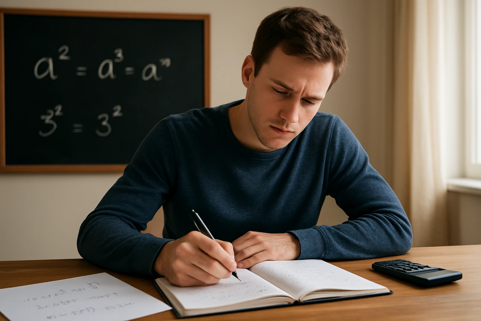 Egy fiatal férfi matematikai feladatokat ír egy jegyzetfüzetbe, háttérben táblán egyenletek láthatók.