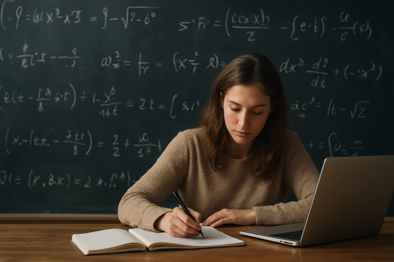 Egy fiatal nő matematikai egyenleteket ír egy jegyzetfüzetbe, laptop előtt ülve.