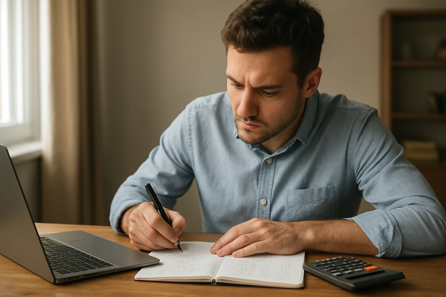 Egy fiatal férfi jegyzetel egy füzetbe, miközben számítógép és számológép van előtte.