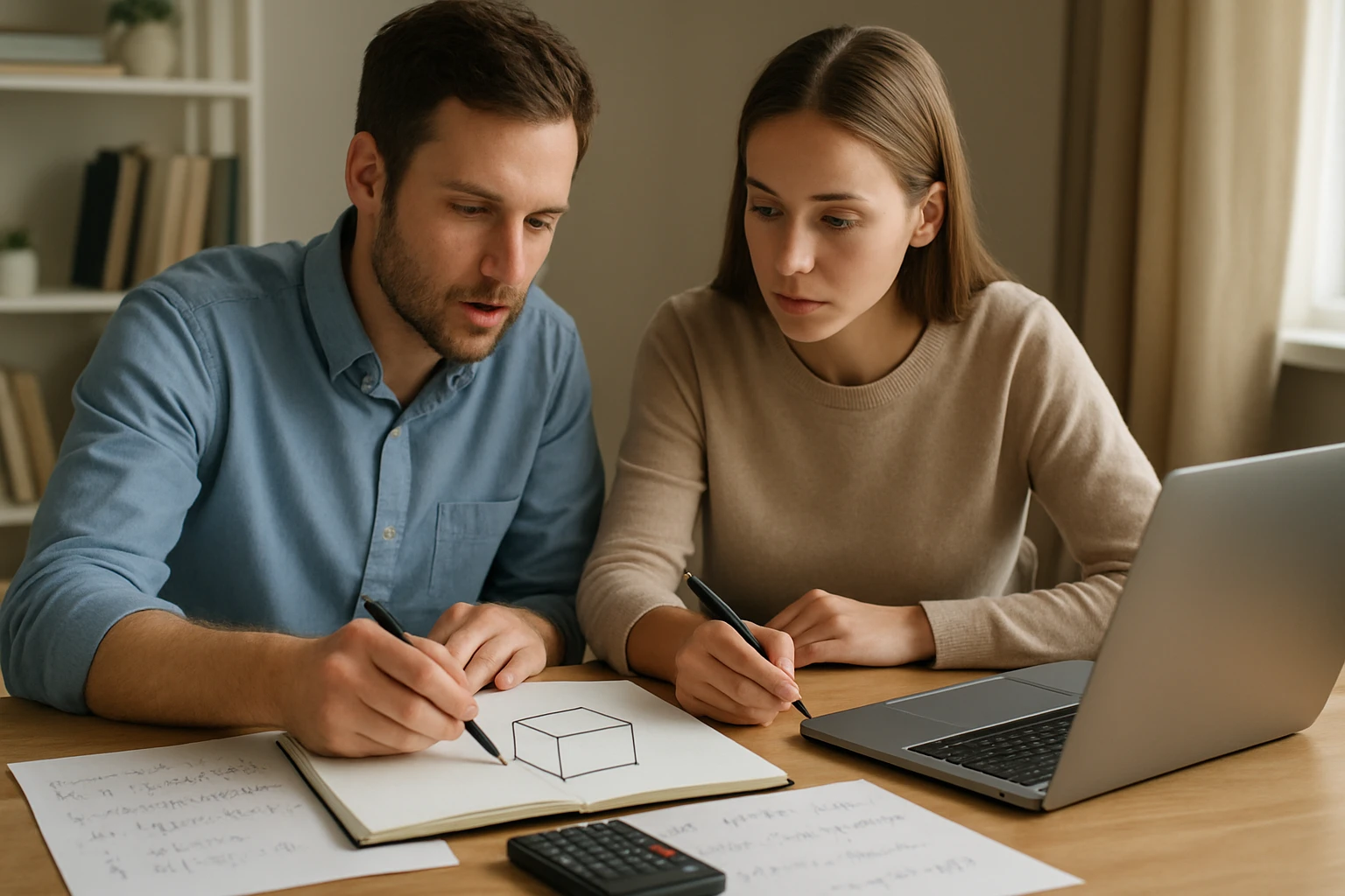 Két fiatal, egy férfi és egy nő, matematikai feladatot oldanak meg egy asztalon.