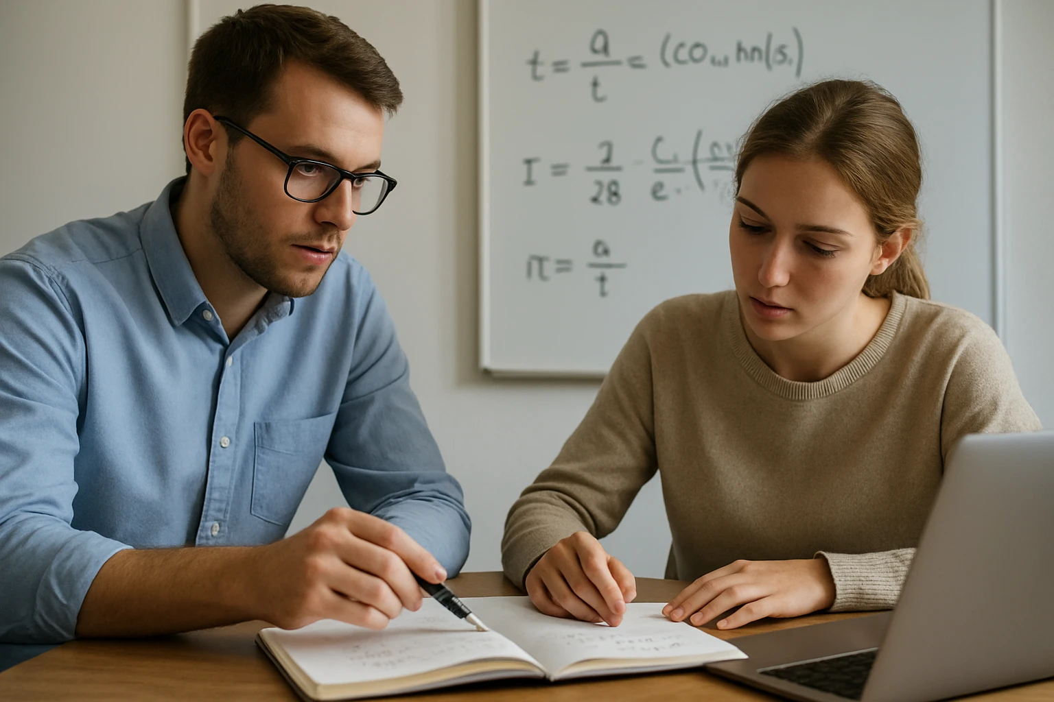 Két fiatal, aki matematikai feladatokat old meg egy asztalnál.