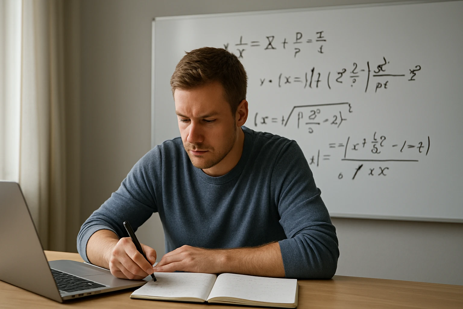 Egy fiatal férfi matematikai egyenleteket ír egy jegyzetfüzetbe, laptop előtt ülve.