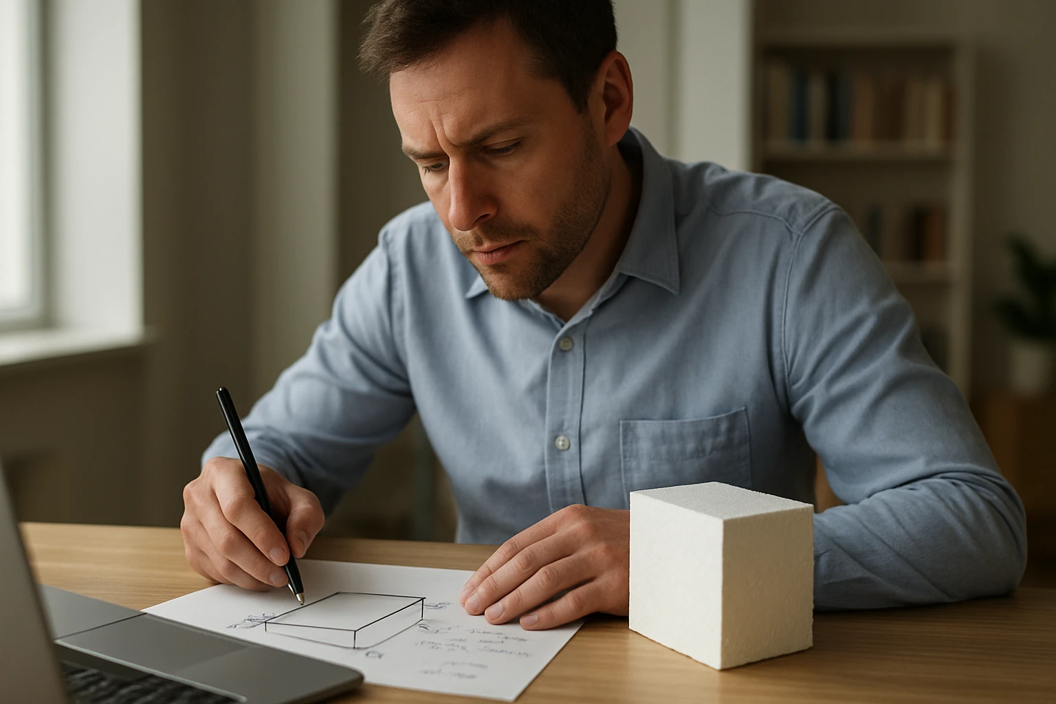 Egy férfi papíron matematikai rajzot készít, mellette egy fehér kocka.