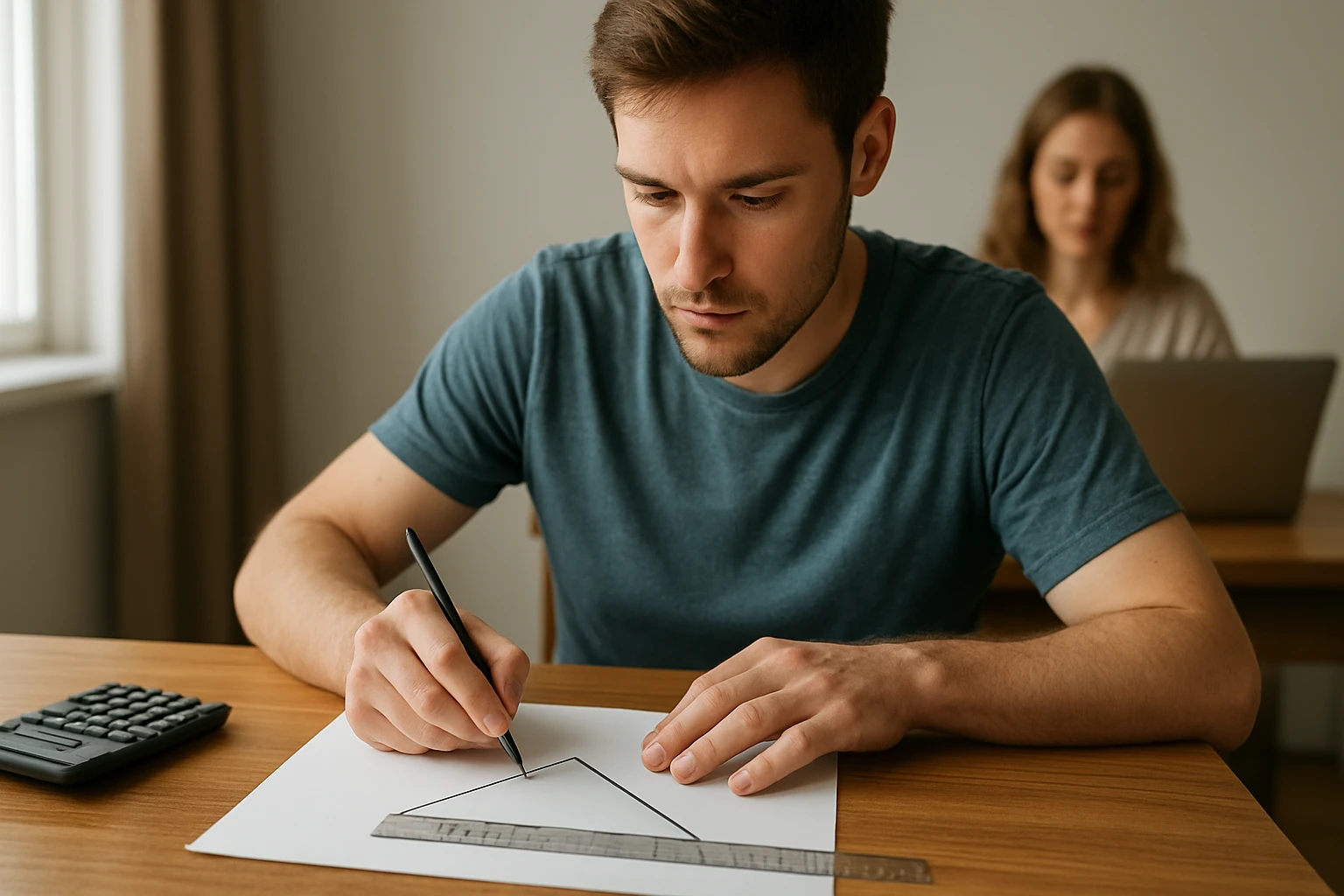 Egy fiatal férfi vonalat húz egy papírlapra, miközben számológép van mellette.