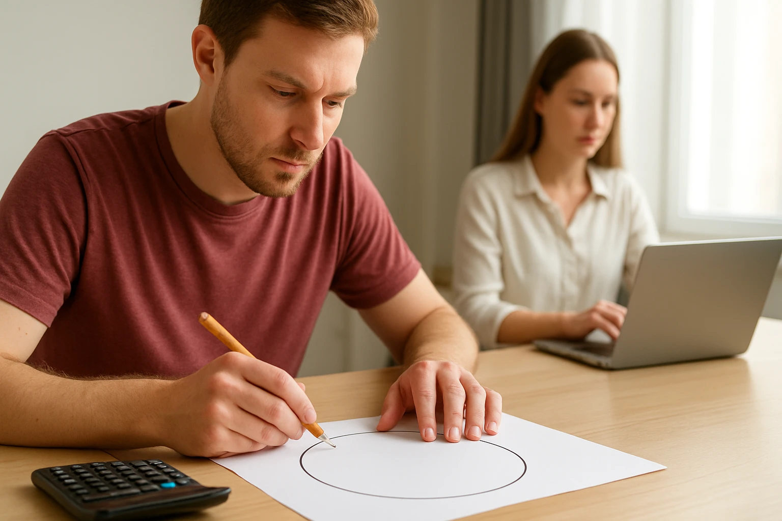 Egy férfi kör alakot rajzol papírra, miközben egy nő laptopon dolgozik.