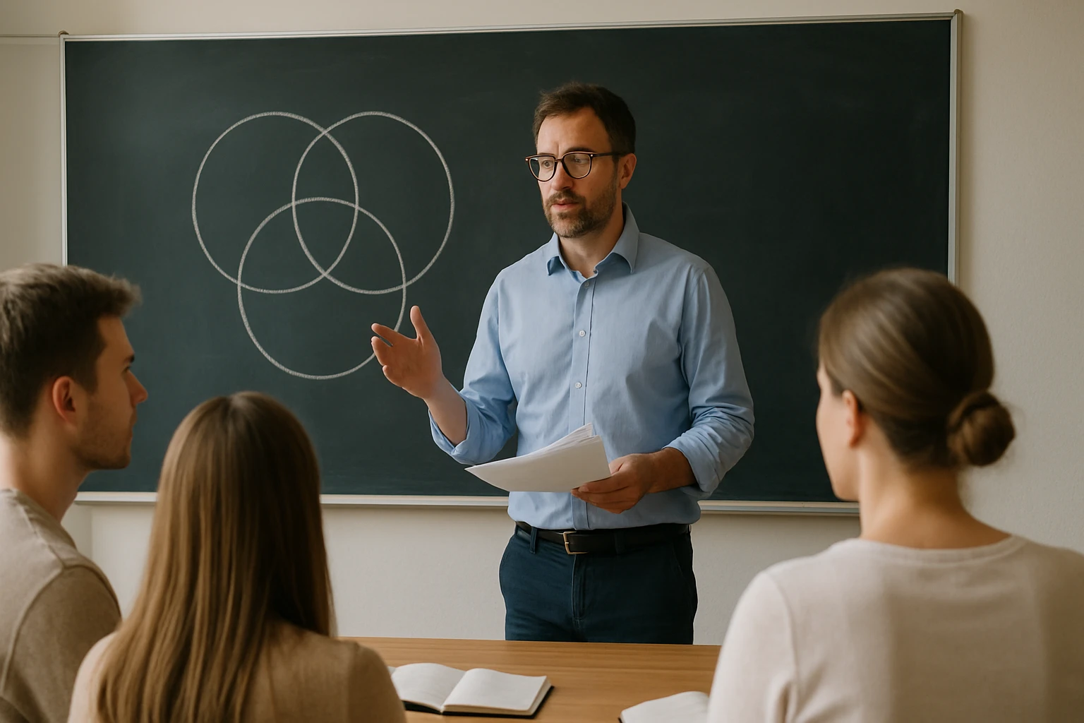 Egy tanár magyaráz a diákoknak, háttérben Venn-diagrammal.
