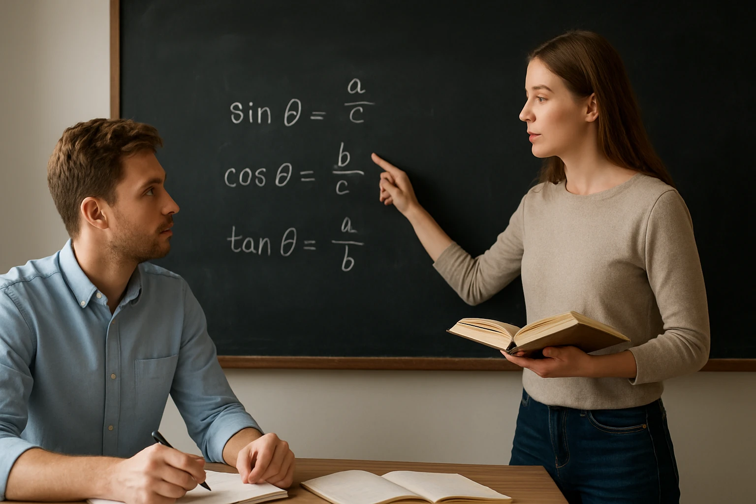 Egy nő a táblán trigonometrikus függvényeket magyaráz, míg egy férfi figyel.