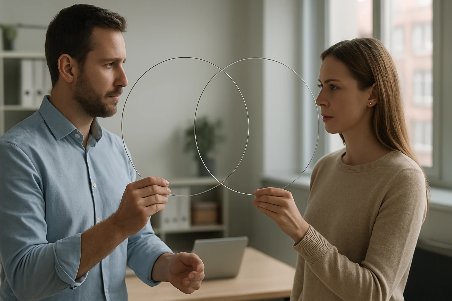 Két ember Venn-diagramot formál, amely a halmazelmélet alapjait szemlélteti.